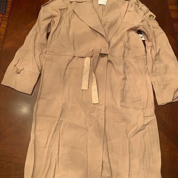 NEW LOVE TOKEN Stripe Print Tie Trench Coat JACKET BEIGE STRIPE SIZE XS, NWT - Picture 9 of 9